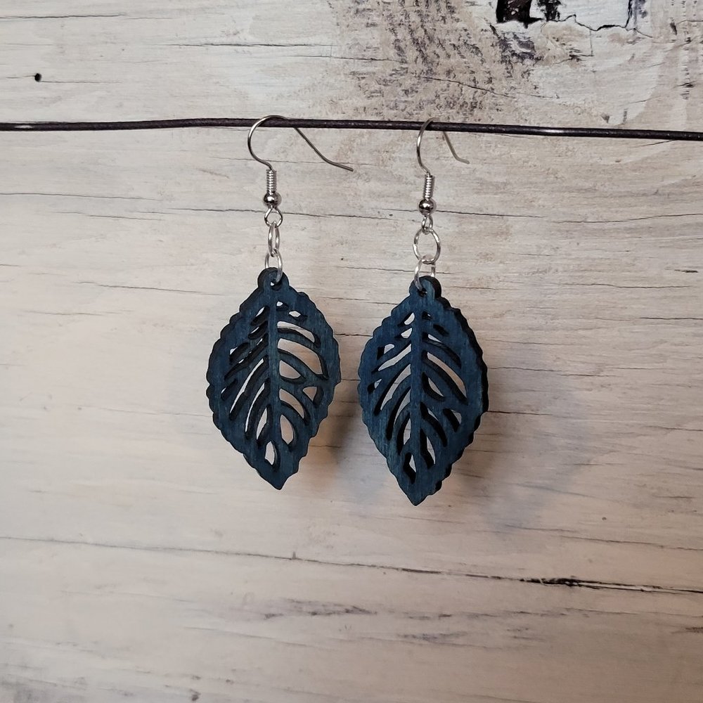 Wood Earrings - Teal Leaf